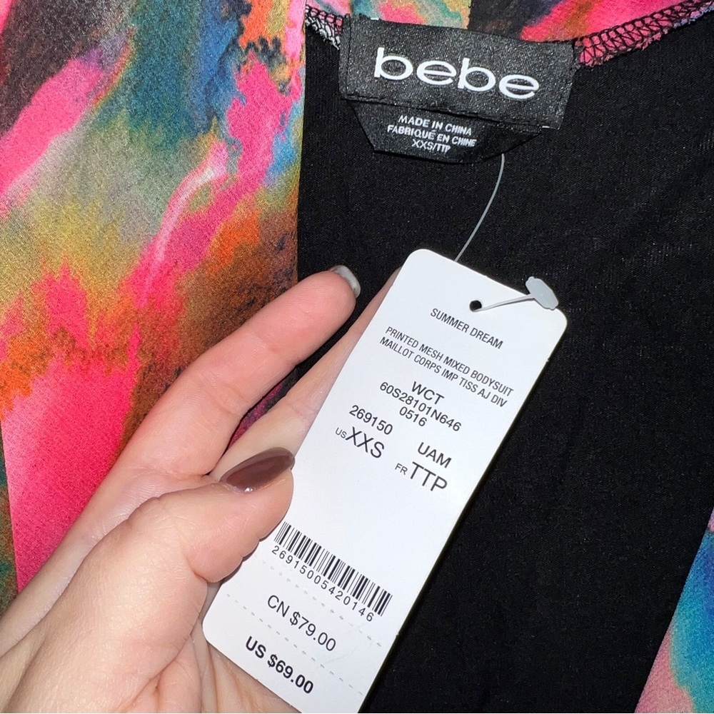 BeBe- Mesh Printed Summer Dream Mesh Sleeveless Mixed Bodysuit 269150 (xxs) NWT - Picture 4 of 5